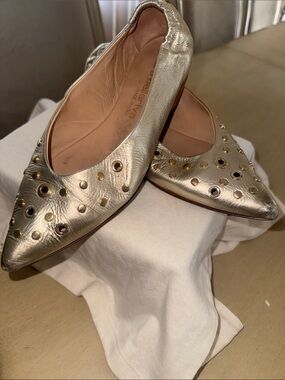Metallic Gold Pointed Toe Studded Ballet Flats